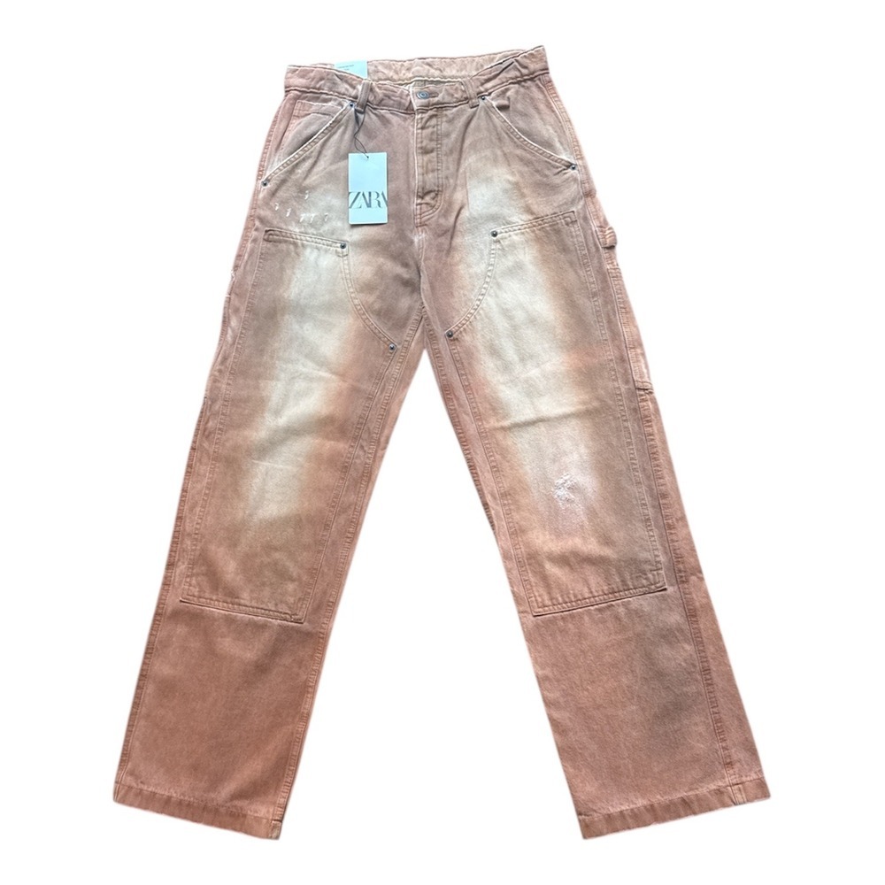 ZARA Carpenter Pants Women Sz 30 Orange Tan Washed Denim Utility Workwear